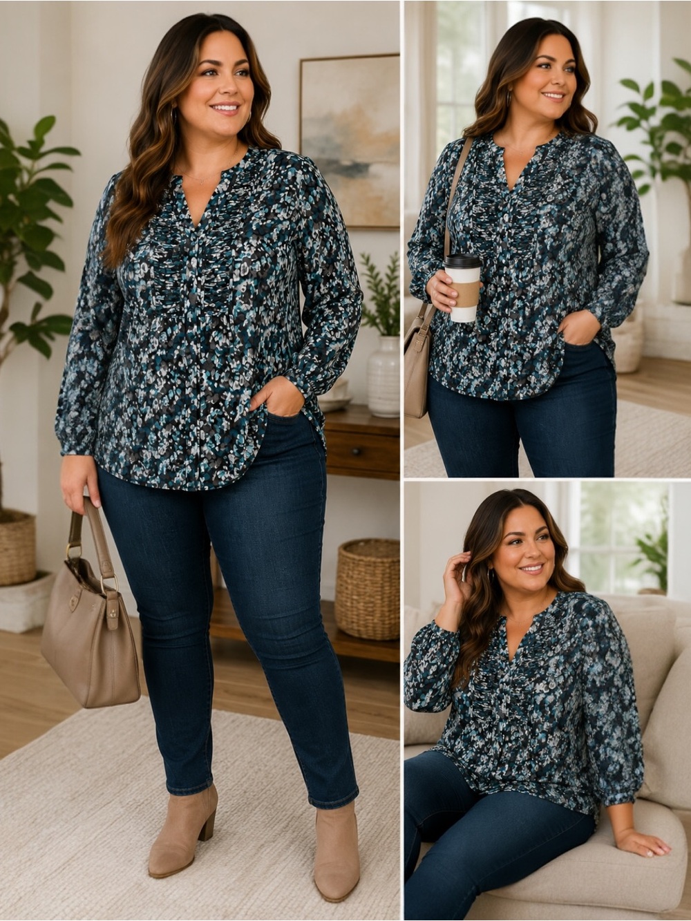 Croft & Barrow Womens 1X Teal Abstract Print Pintuck Peasant Blouse Button Front